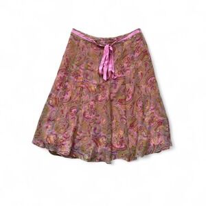 VTG 100% Silk paisley pink ribbon tie detail fairy boho skirt 4